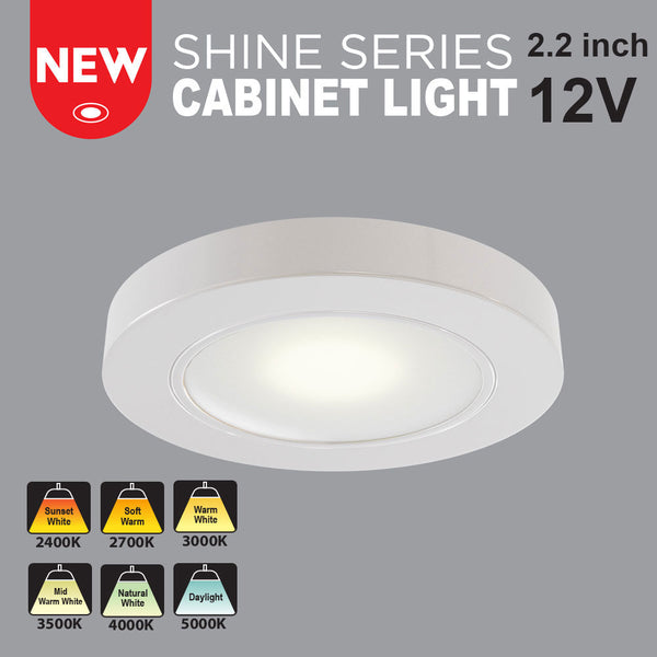 VBUN-2R25-12V-White Round LED Cabinet Puck Light (Shine Series), 12V 2.5W CCT(2.4K, 2.7K, 3K, 3.5K, 4K, 5K), lightsandparts