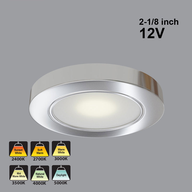 2R25-12V-Silver Grey Round LED Cabinet Puck Light, 12V 2.5W CCT(2.4K, 2.7K, 3K, 3.5K, 4K, 5K), lightsandparts