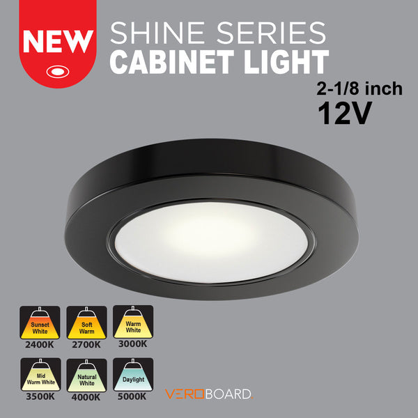 VBUN-2R25-12V-Black Round LED Cabinet Puck Light (Shine Series), 12V 2.5W CCT(2.4K, 2.7K, 3K, 3.5K, 4K, 5K), lightsandparts