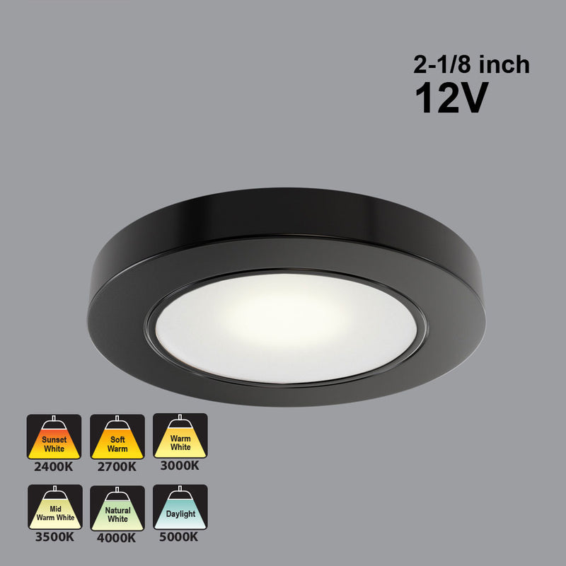 2R25-12V-Black Round LED Cabinet Puck Light, 12V 2.5W CCT(2.4K, 2.7K, 3K, 3.5K, 4K, 5K), lightsandparts