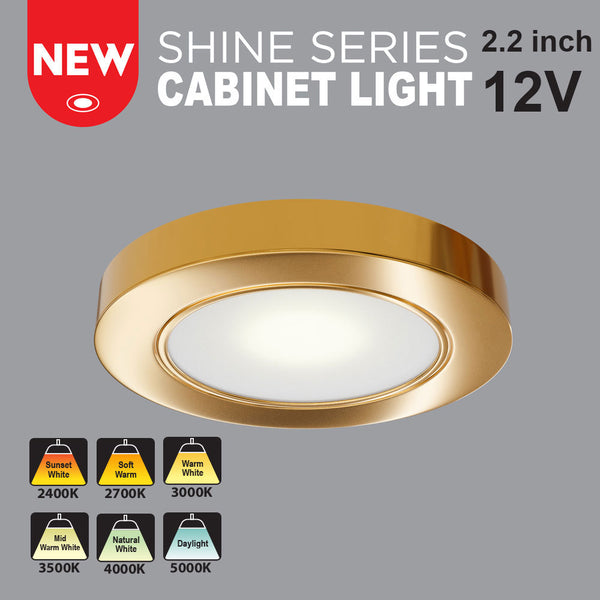 VBUN-2R25-12V-Gold Round LED Cabinet Puck Light(Shine Series), 12V 2.5W CCT(2.4K, 2.7K, 3K, 3.5K, 4K, 5K), lightsandparts