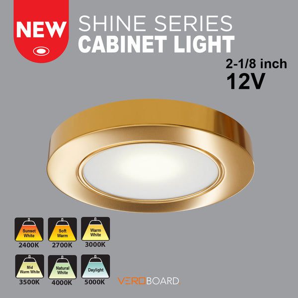 VBUN-2R25-12V-Gold Round LED Cabinet Puck Light(Shine Series), 12V 2.5W CCT(2.4K, 2.7K, 3K, 3.5K, 4K, 5K), lightsandparts