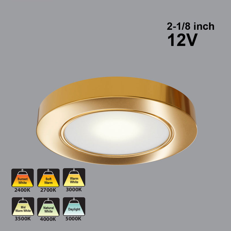 2R25-12V-Gold Round LED Cabinet Puck Light, 12V 2.5W CCT(2.4K, 2.7K, 3K, 3.5K, 4K, 5K), lightsandparts