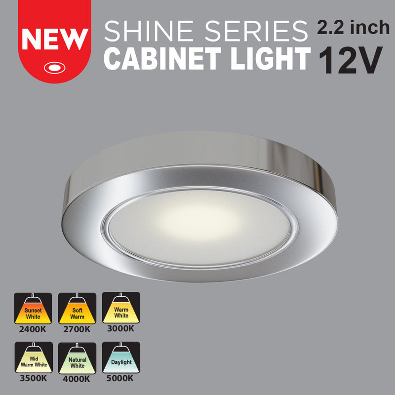 VBUN-2R25-12V-Polished Chrome Round LED Cabinet Puck Light (Shine Series), 12V 2.5W CCT(2.4K, 2.7K, 3K, 3.5K, 4K, 5K), lightsandparts