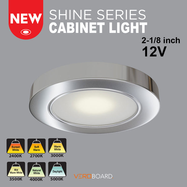 VBUN-2R25-12V-Polished Chrome Round LED Cabinet Puck Light (Shine Series), 12V 2.5W CCT(2.4K, 2.7K, 3K, 3.5K, 4K, 5K), lightsandparts