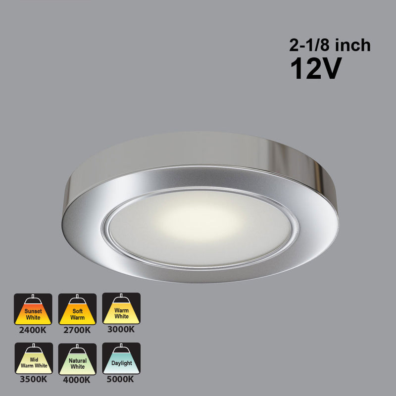 2R25-12V-Polished Chrome Round LED Cabinet Puck Light, 12V 2.5W CCT(2.4K, 2.7K, 3K, 3.5K, 4K, 5K), lightsandparts