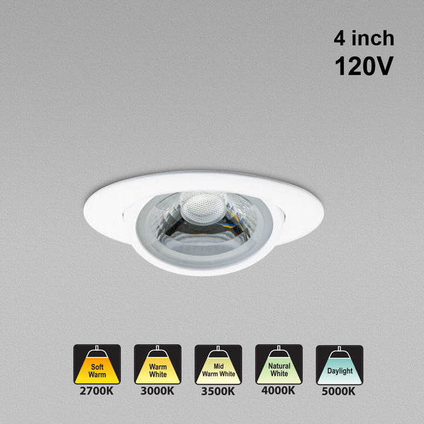 4 inch Round Recessed Gimbal Light Adjustable Canless AD-LED-4-S12W-5CCTWH-EY, 120V 12W 5CCT(2.7K, 3K, 3.5K, 4K, 5K)