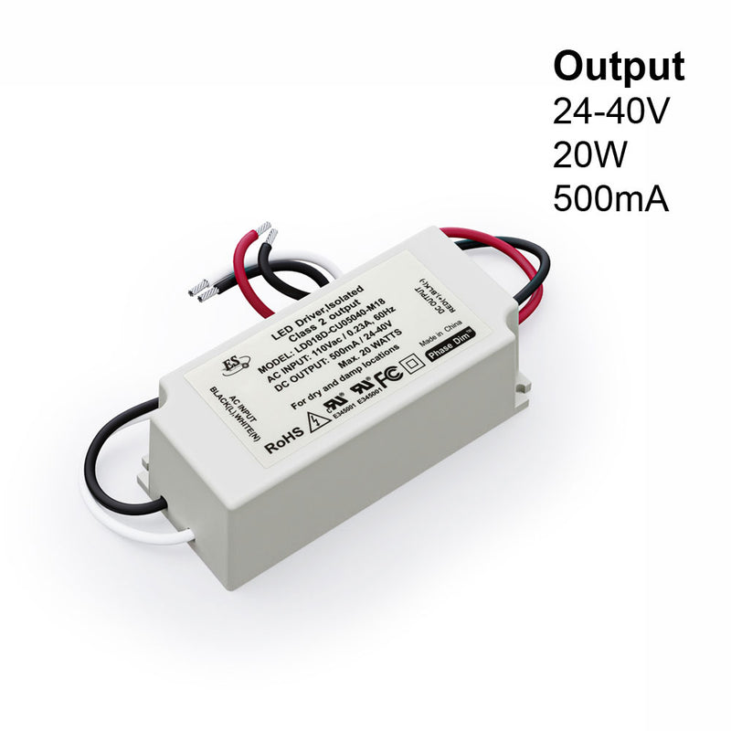 ES LD018D-CU05040-M18 Constant Current LED Driver, 500mA 24-40V 20W max, lightsandparts