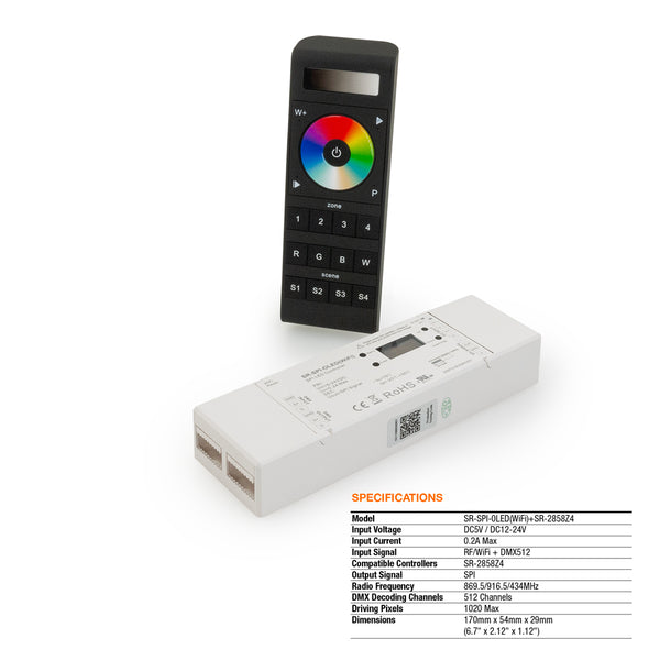 SR-SPI-0LED(WiFi) DMX LED Light Receiver with SR-2858Z4 Remote Controller, 5-24V DC