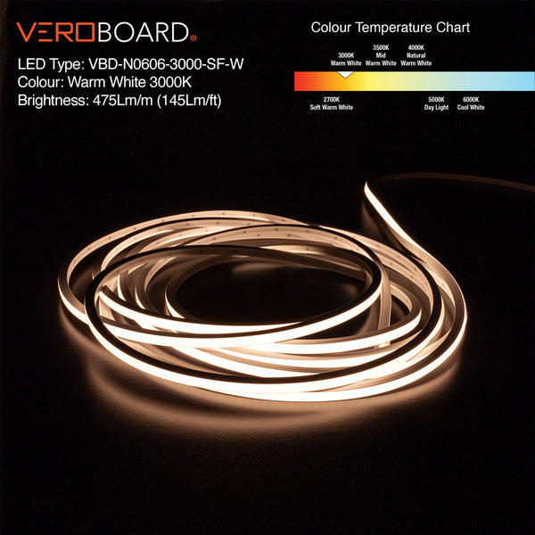 5M(16.4ft) LED Neon light Strip VBD-N0606-3000-SF-W, 3000K(Warm White) Dimmable Silicone Waterproof Casing Side Emitting.
