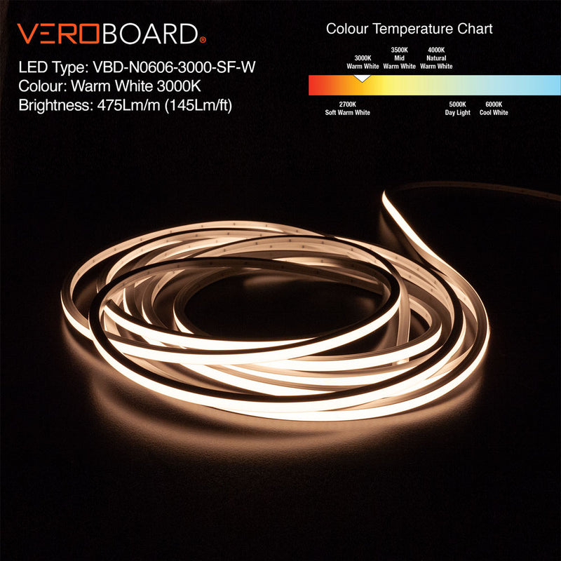 5M(16.4ft) LED Neon light Strip VBD-N0606-3000-SF-W, 3000K(Warm White) Dimmable Silicone Waterproof Casing Side Emitting, lightsandparts