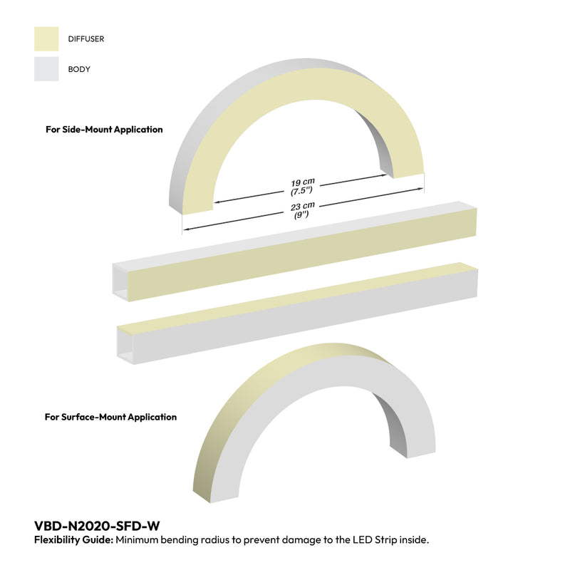 White Silicone Flexible LED Neon channel N2020-SFD-W, 10m (32.8ft) max SIDE & SURFACE Mount