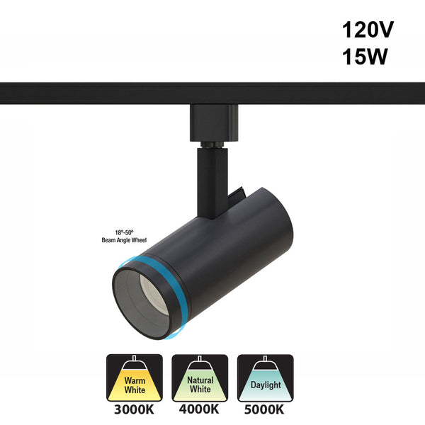 15Watt Black Track Light Head Triac Dimmable 120V 3CCT 18-50Degree, lightsandparts