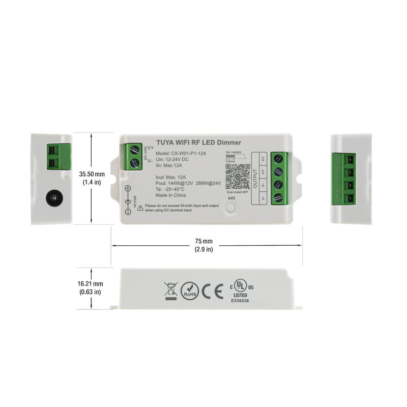 CX-W01-P1-12A-DIMMER RF LED Light Dimmer Receiver 12-24V DC 2.4G Tuya App, lightsandparts