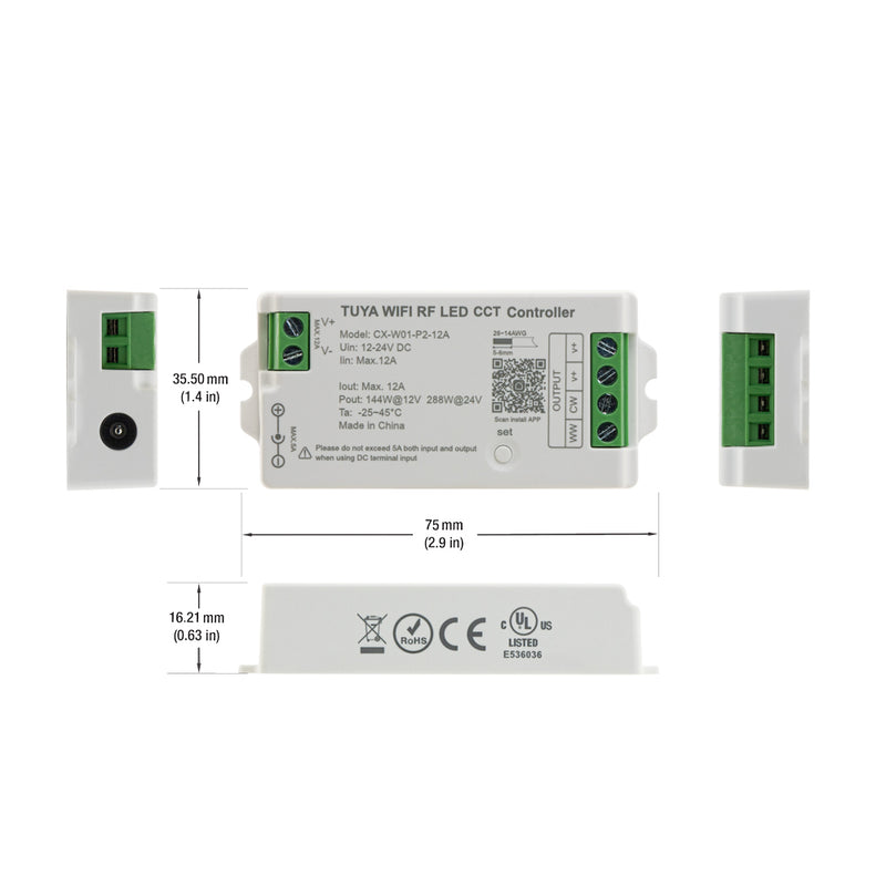 CX-W01-P2-12A-CCT RF LED Light Dim & CCT Receiver 12-24V DC 2.4G Tuya App, lightsandparts