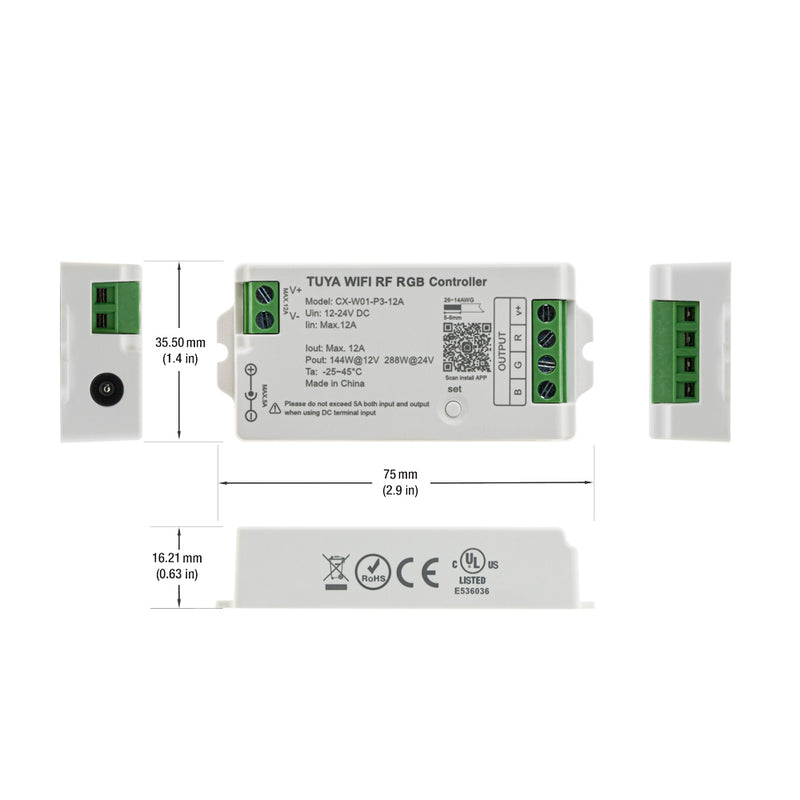 CX-W01-P3-12A-RGB RF LED Light RGB Receiver 12-24V DC 2.4G Tuya App, lightsandparts