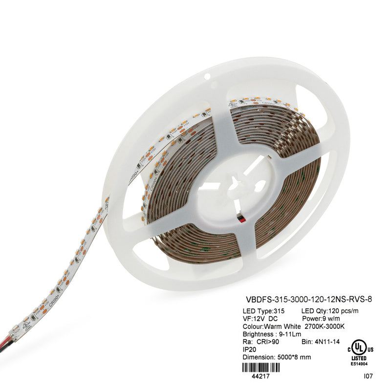 5M(16.4ft) Side emitting Indoor LED Strip Light 315, 12V 3(w/ft) 329-402(Lm/ft) 120(LEDs/m) 3K(Warm White), LIGHTSANDPARTS