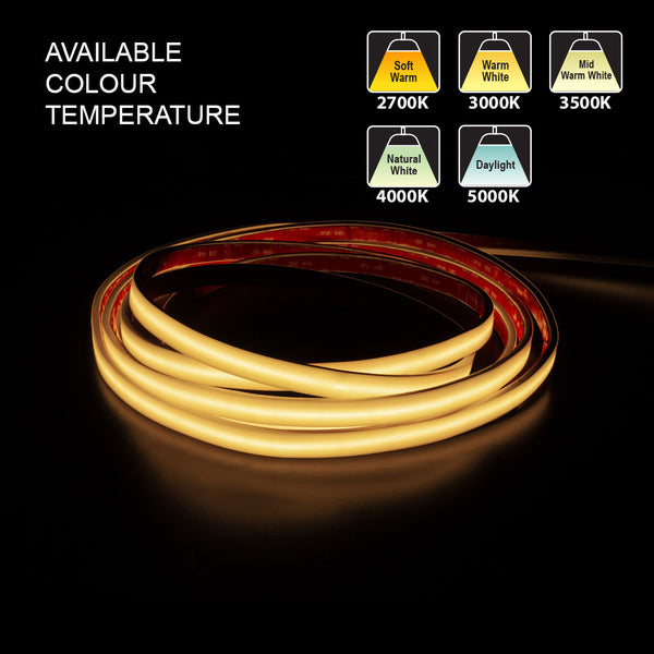 Custom cut Outdoor COB LED Strip Light, 24V 2(w/ft) 155(Lm/ft) CCT(2.7K, 3K, 3.5K, 4K, 5K) per foot