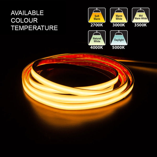 Custom cut Outdoor COB LED Strip Light, 24V 3(w/ft) 233(Lm/ft) CCT(2.7K, 3K, 3.5K, 4K, 5K) per foot