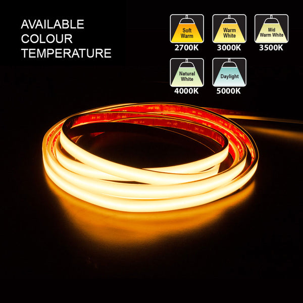 Custom cut Outdoor COB LED Strip Light, 24V 4.5(w/ft) 363(Lm/ft) CCT(2.7K, 3K, 3.5K, 4K, 5K) per foot