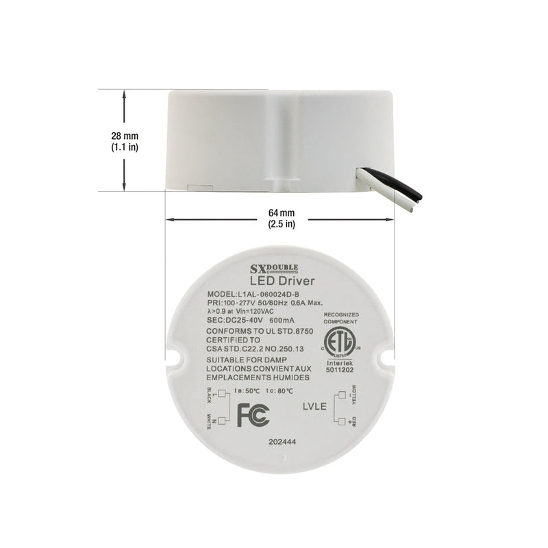 Constant Current Dimmable LED Driver 600mA 25-40V 25W max, L1AL-060024D-B
