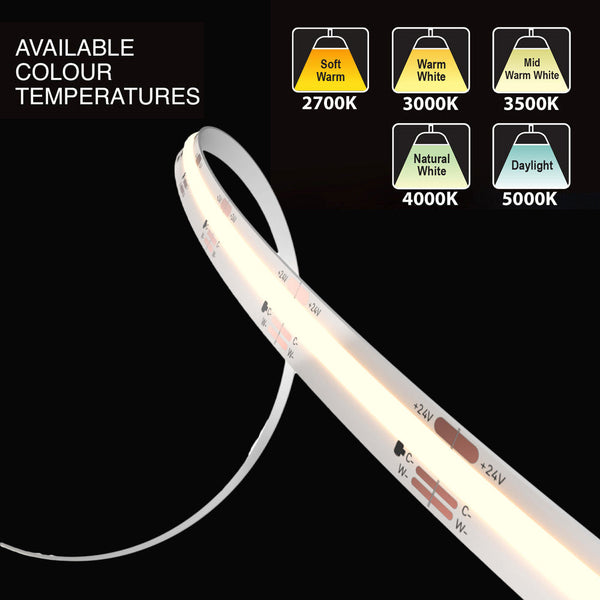 Dals 3M(10ft) Indoor LED Strip COB, 24V 18W 1590Lm CCT(2.7K, 3K, 3.5K, 4K, 5K)