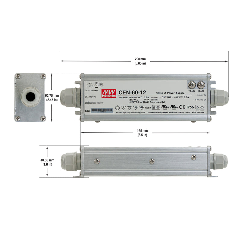 Mean Well CEN-60-12 Metal Case Non-Dimmable LED Driver, 12V 5A 60W - ledlightsandparts