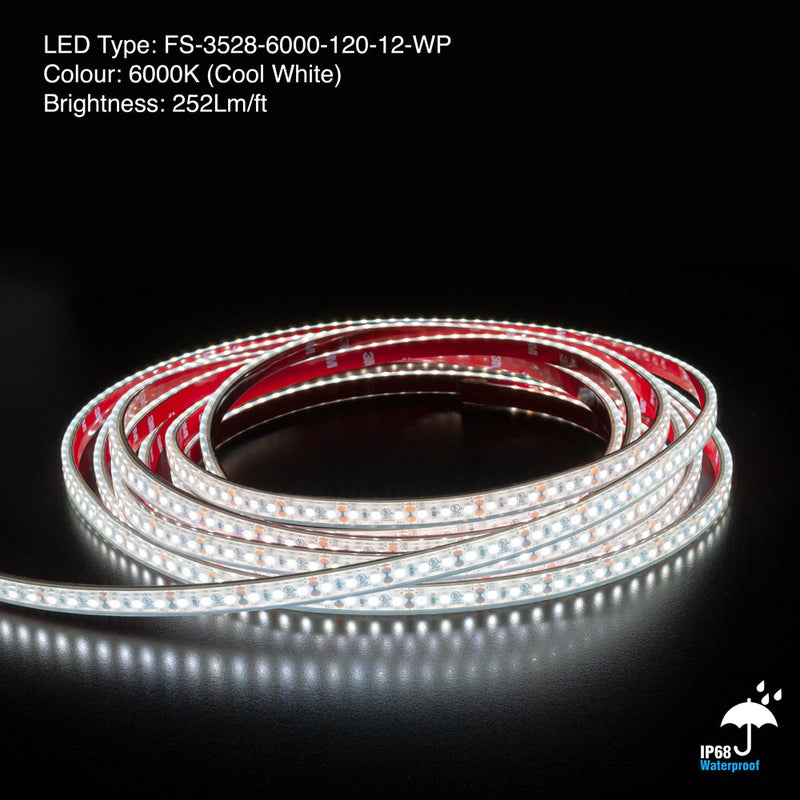 10M(32.8ft) Waterproof LED Strip 3528, 12V 3(w/ft) 252(Lm/ft) 6K(Cool White) - ledlightsandparts