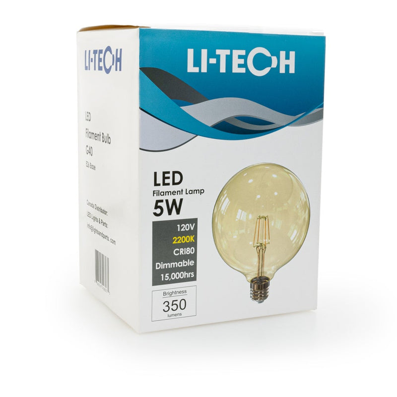 Li-Tech G40 LED Filament Bulb, 120V 5W 2200K(Amber White) - ledlightsandparts
