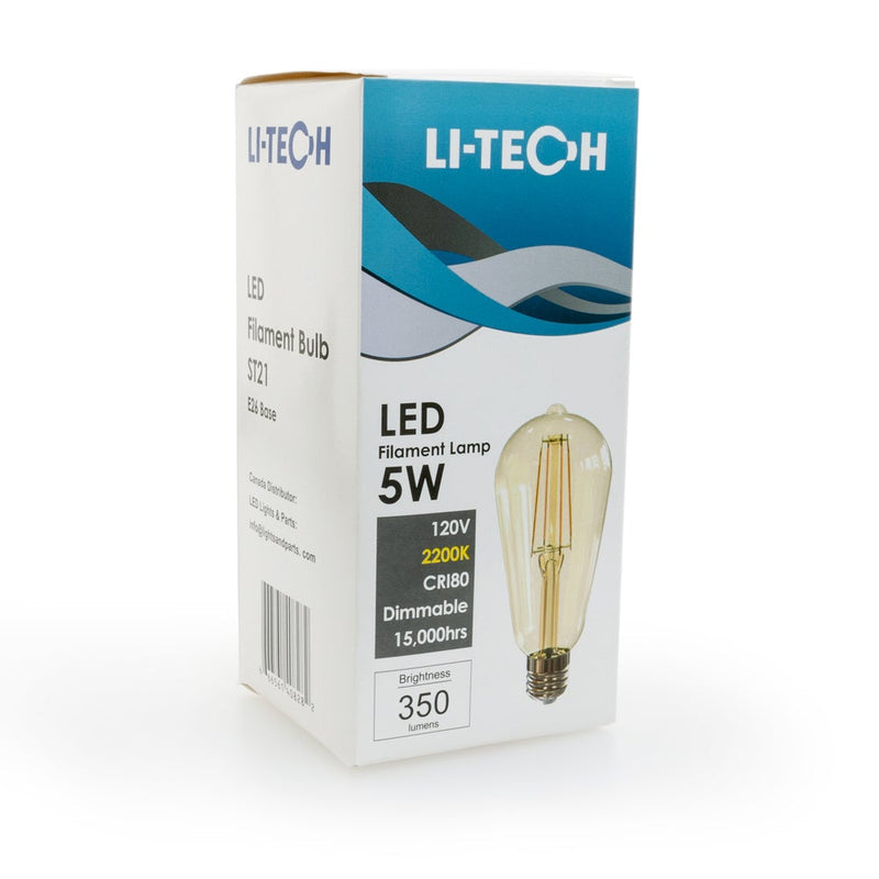 Li-Tech ST21 LED Filament Bulb, 120V 5W 2200K(Amber White) - ledlightsandparts