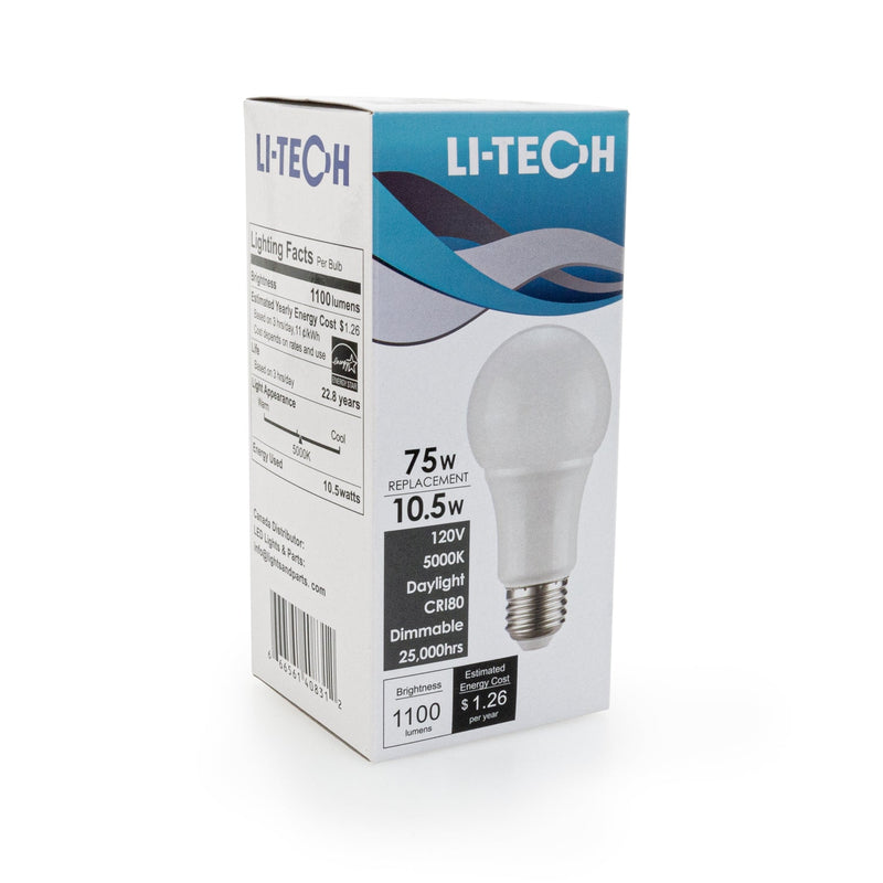 Li-Tech A19 LED Bulb, 10W Equivalent 60W 5000K(Daylight) - ledlightsandparts