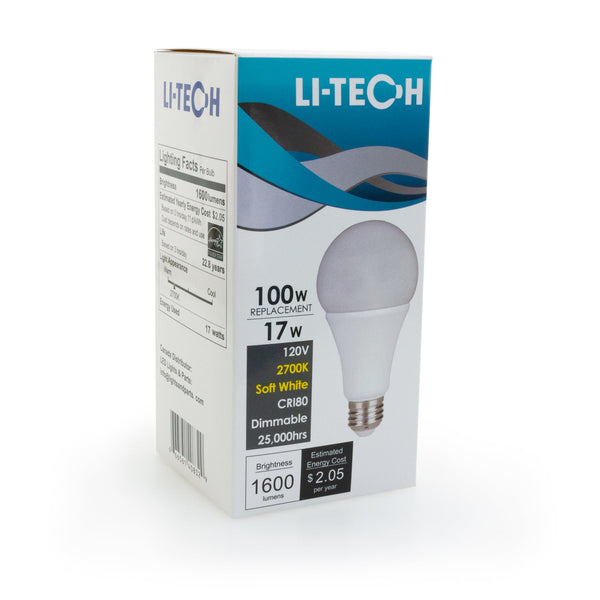 Li-Tech A21 LED Bulb, 120V 17W Equivalent 100W 2700K(Soft White) - ledlightsandparts