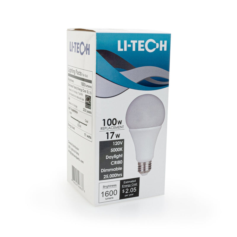 Li-Tech A21 LED Bulb, 120V 17W Equivalent 100W 5000K(Daylight) - ledlightsandparts
