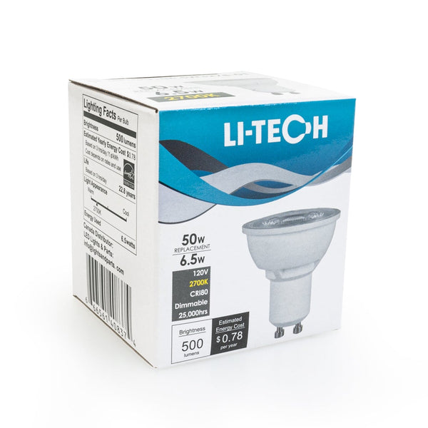Li-Tech GU10 LED Bulb, 120V 6.5W Equivalent 50W 2700K(Soft White) - ledlightsandparts