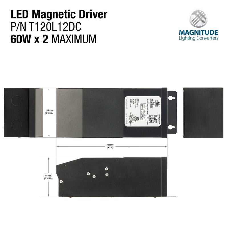 Magnitude Magnetic T120L 12DC Dimmable Constant Voltage LED Driver, 12V 2x60W - ledlightsandparts