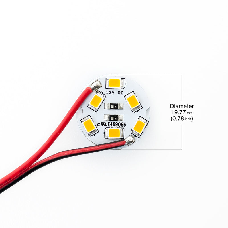 12V Flat Round PCB 6 SMD 3528 LED Warm White (3000K) - ledlightsandparts