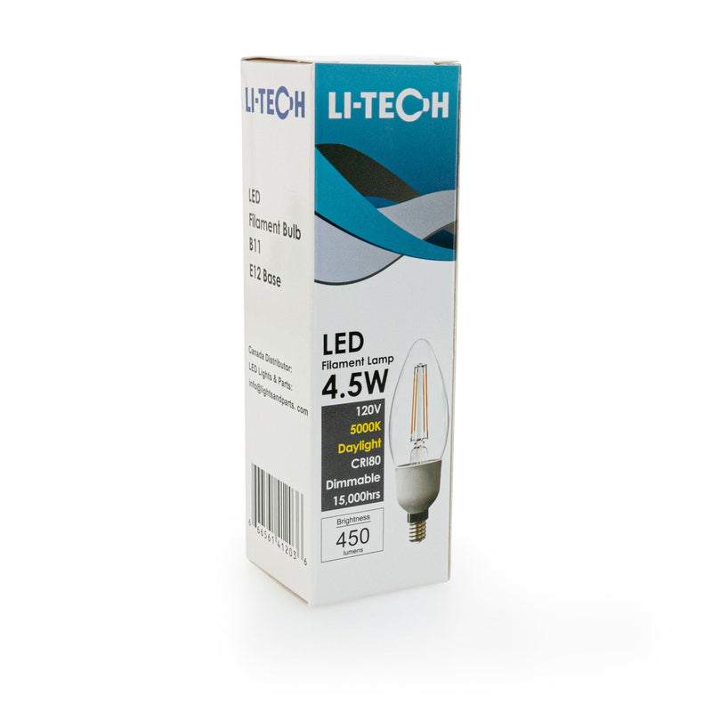 Li-Tech B11 LED Filament Bulb E12 Base, 120V 4.5W 5000K - ledlightsandparts