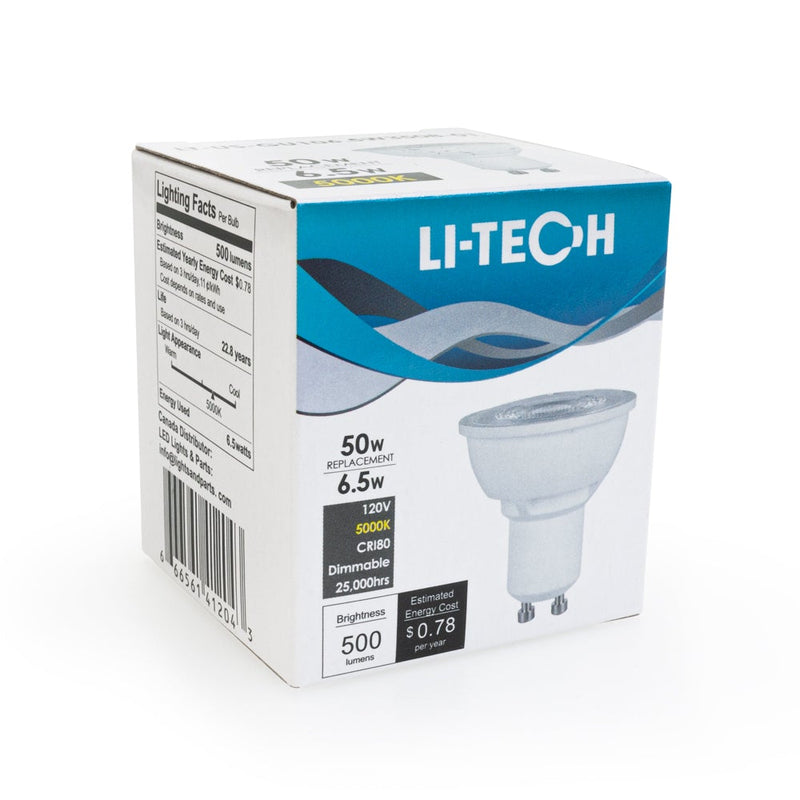 Li-Tech GU10 LED Bulb, 120V 6.5W Equivalent 50W 5000K(Daylight) - ledlightsandparts
