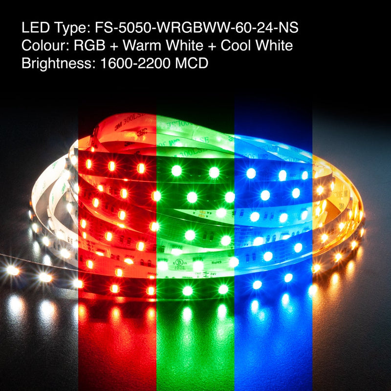 5M(16.4ft) Indoor LED Strip 5050, 24V 5.5(w/ft) 60(LEDs) 1600-2200MCD WRGBWW - ledlightsandparts