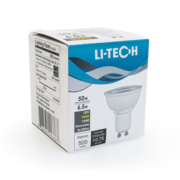 Li-Tech GU10 LED Bulb, 120V 6.5W Equivalent 50W 3000K(Warm White) - ledlightsandparts