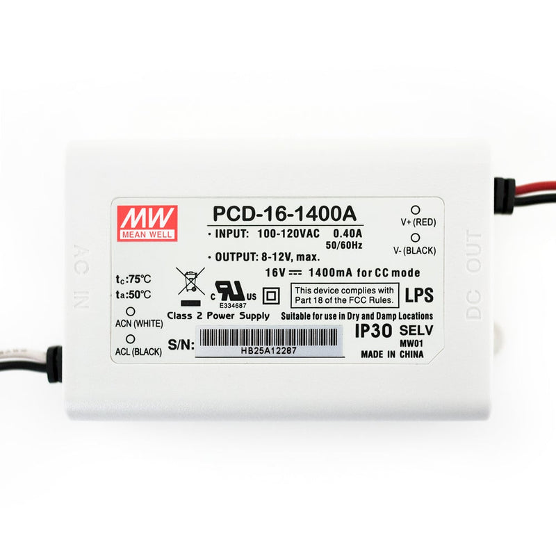 Mean Well PCD-16-1400A Constant Current LED Driver, 1400mA 8-12V 16W - ledlightsandparts