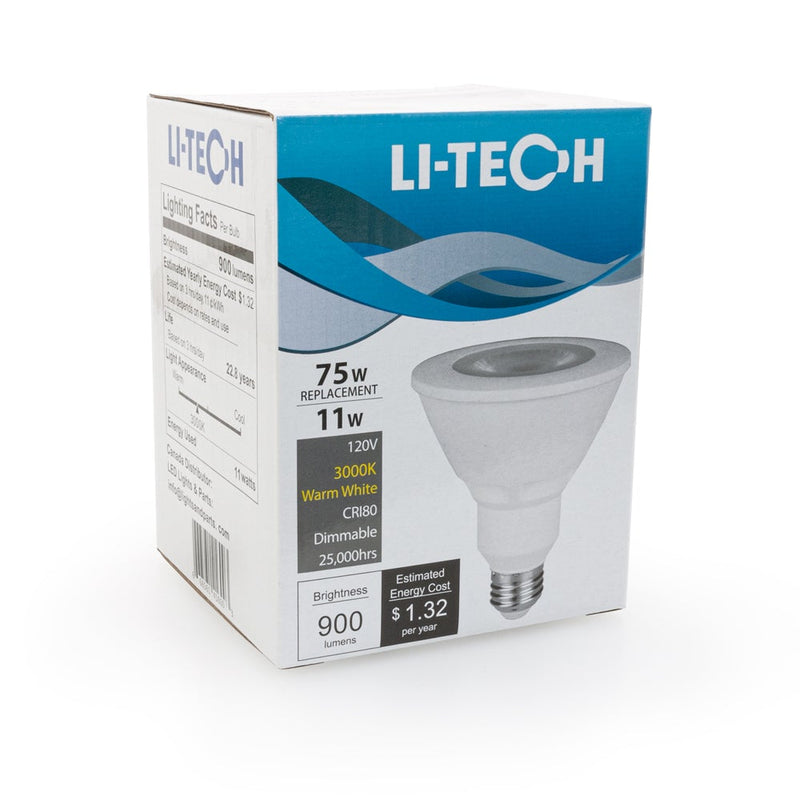 Li-Tech PAR30 LED Bulb, 120V 11W Equivalent 75W 3000K(Warm White) - ledlightsandparts