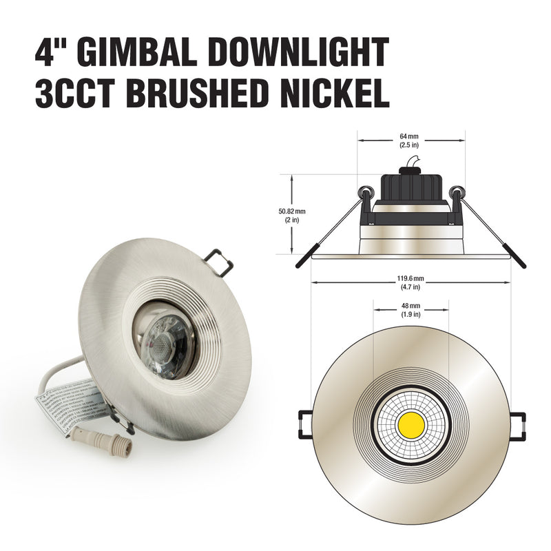 4 inch Round Recessed Light Gimbal with Selectable Color Temperature (3CCT) 120V 8W Brushed Nickel, Lights and parts