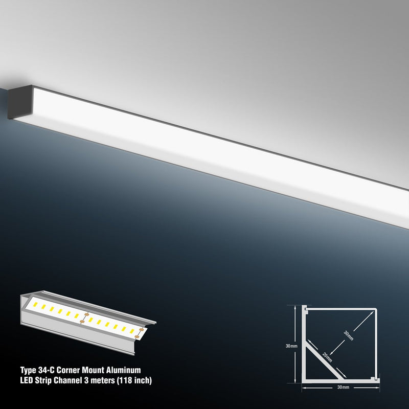 Type 34C Black Corner Mount Aluminum SQ Diffuser LED Strip Light Fixture Profile-3 Meters (118 inches) - ledlightsandparts