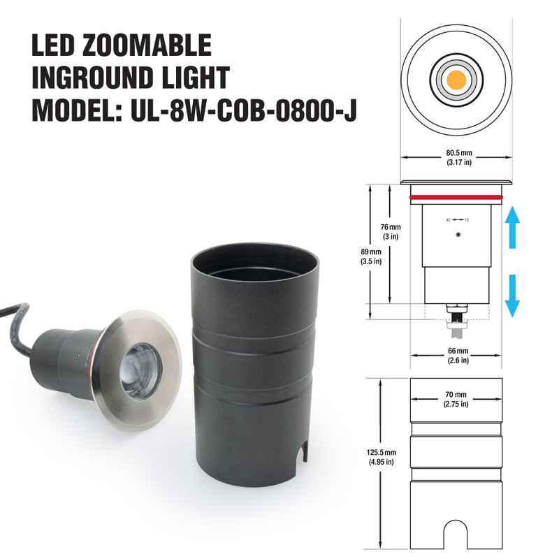 UL-8W-COB-0800-J 3-inch Dia Round Adjustable Beam Direction Zoomable In-Ground Uplight 12/24V 8W 15° to 50° (Adjustable beam direction) - ledlightsandparts