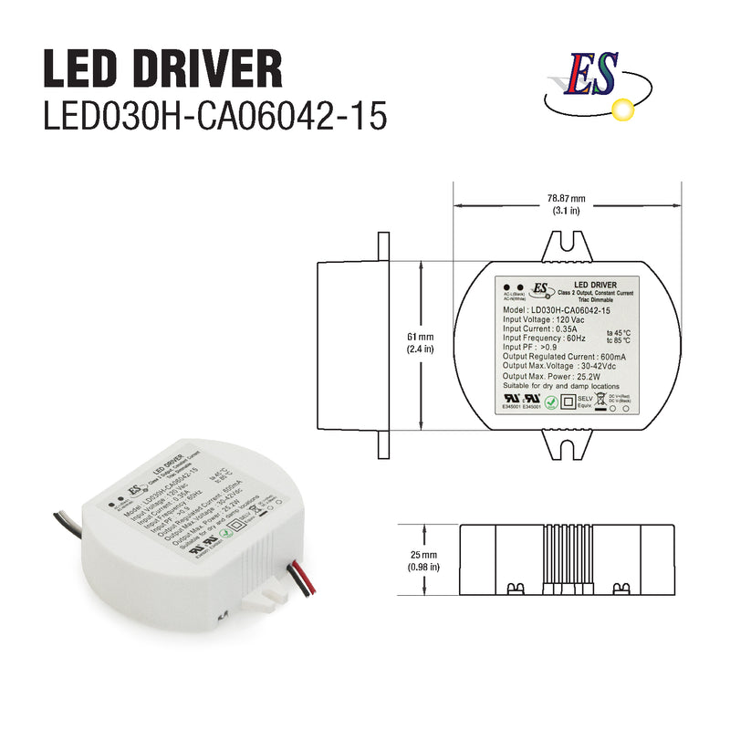 ES LD030H-CA06042-15 Constant Current LED Driver, 600mA 30-42V 25.2W max - ledlightsandparts