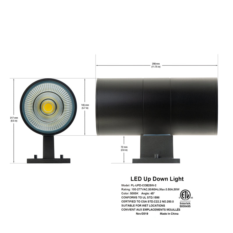 PL-UPD-COB25W-2 LED Wall Light Up Down, 100-277V 50W 5000K(Daylight) - ledlightsandparts