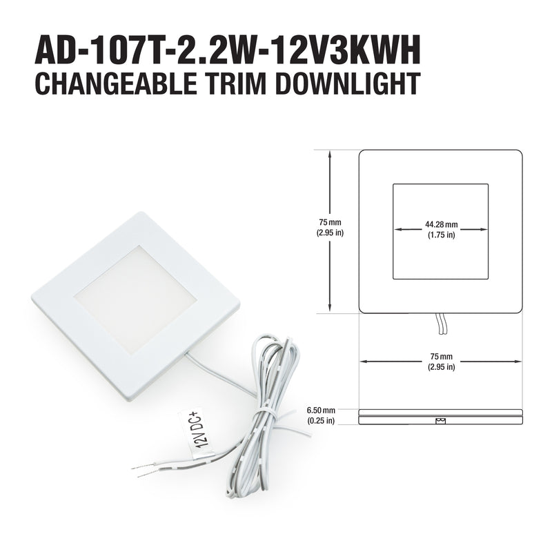 AD-107T-2.2W-12V Square Cabinet Puck Light, 12V 2.2W 3000K White - ledlightsandparts