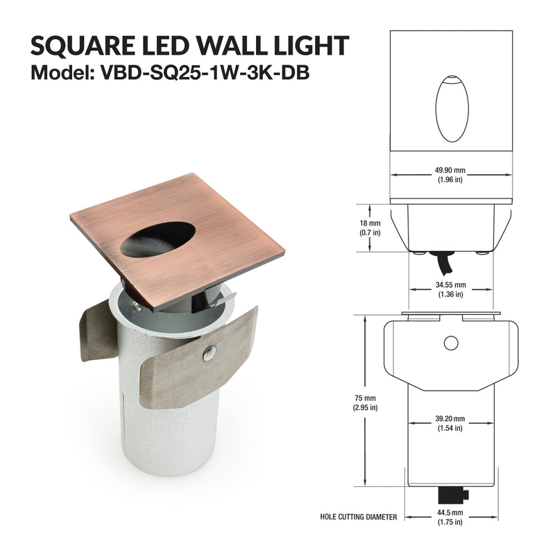 VBD-SQ25-1W-3K-DB Square LED Step Light, 12V 1W 3000K(Warm White) - ledlightsandparts