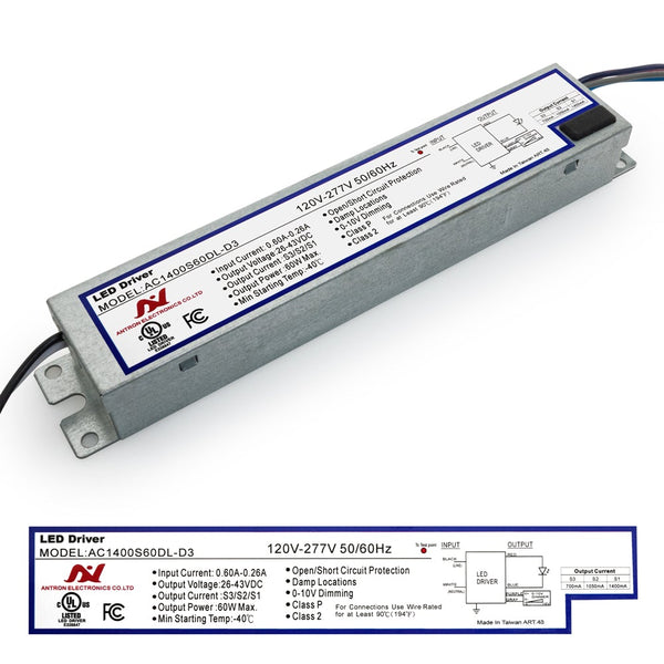ANTRON AC1400S60DL-D3 Constant Current with Selectable Output Current 700-1050-1400mA 26-43V 60W - ledlightsandparts